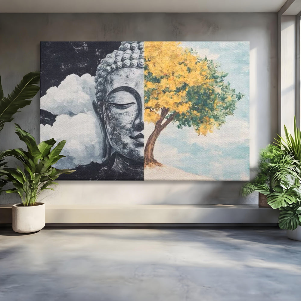 Tablou canvas cu tablou canvas cu buddha si copac, fara rama, pe sasiu de lemn
